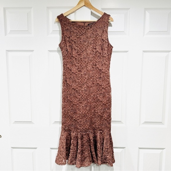 NWOT MARINA Mauve Glitter Lace Flounce Midi Dress - Picture 1 of 9